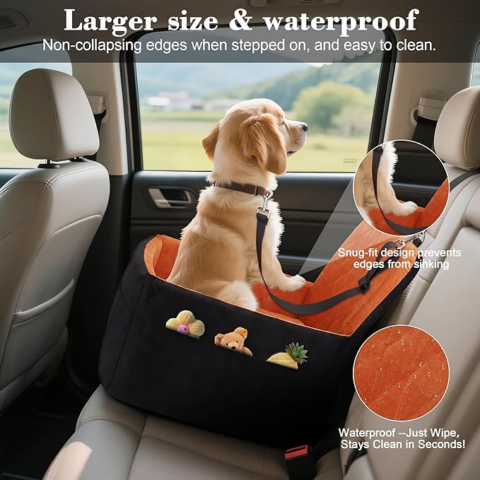 Dog Car Seat for Small/Medium Dogs,Pet Dog Booster Car Seat Puppy 15-35 lbs with Soft 4+2in Detachable Pads Detachable Elevated Cushion and Washable Cover Brown