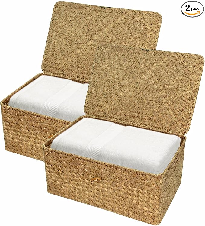 Wicker Storage Baskets with Lid, Set of 2 Handwoven Seagrass Household Organizer Basket Bins Decorative Boxes Storage Containers for Shelves Drawers Desk Closet Pantry Playroom Classroom