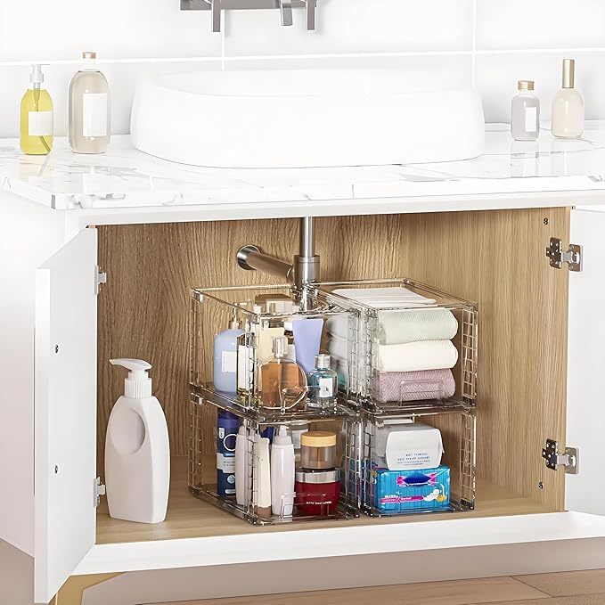 Clear Acrylic Storage Organizer Set, Multi-Purpose Cabinet Bins for Office, Kitchen, Bathroom, Stackable (3)