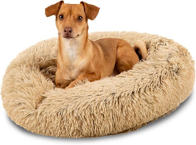 Best Choice Products 23in Dog Bed Self-Warming Plush Shag Fur Donut Calming Pet Bed Cuddler w/Water-Resistant Lining, Raised Rim - Brown