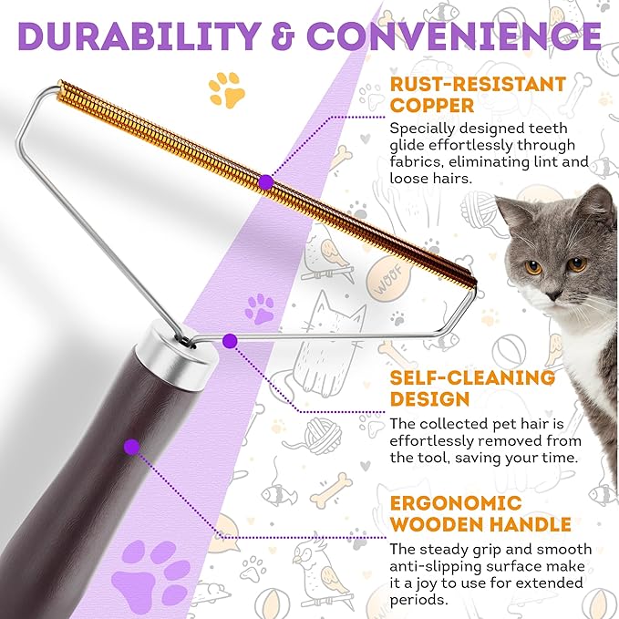 Pet Hair Remover for Furniture. Cat and Dog Fur Remover Tool. Reusable Lint Cleaner with Copper Teeth-Cutters and Wooden Handle. Metal Pet Hair Removal Tool for Carpet. Portable Couch Cleaner