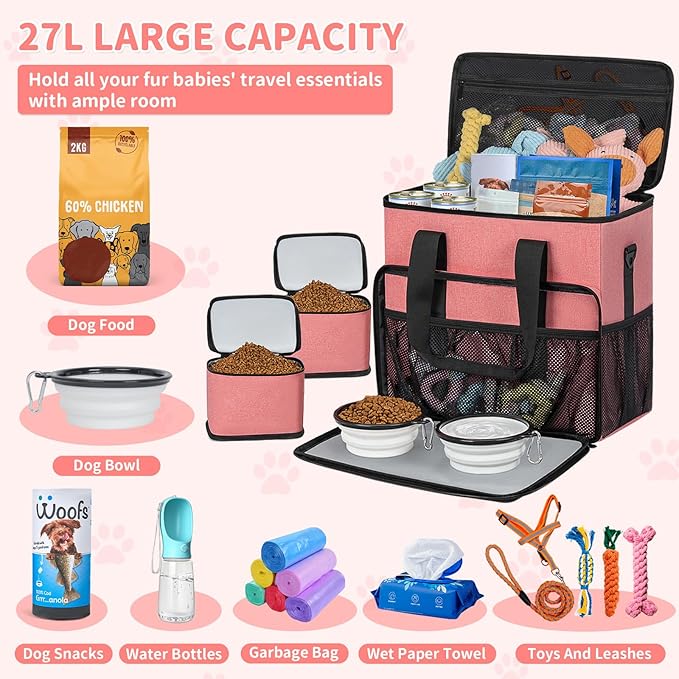 Dog Travel Bag,Large Pet Travel Bag for Supplies with 2 Food Container and Collapsible Bowls,Dog Travel Supplies Organizer Kit for Weekend,Road Trips,Camping