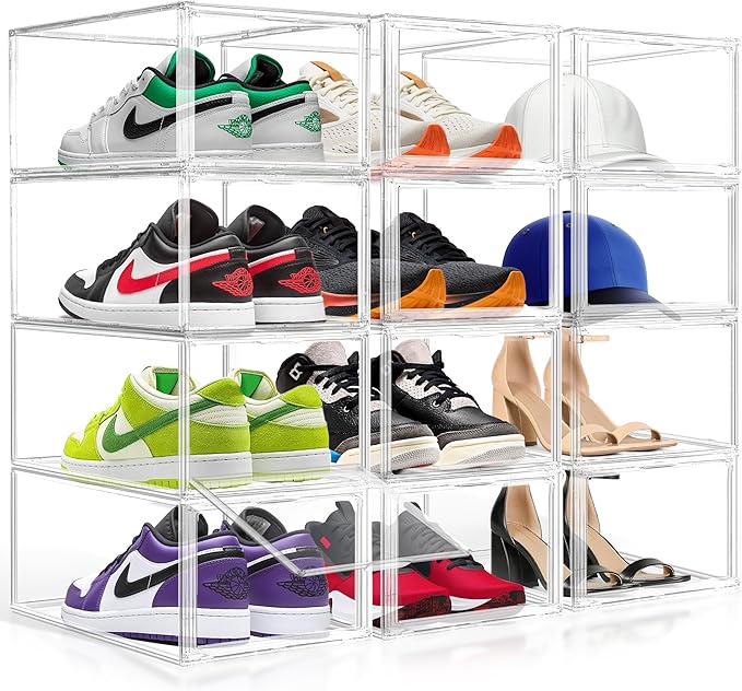 12 Pack Drop-Front Clear Shoe Boxes Acrylic Box Sneaker Boxes Size 12, Stackable Shoe Display Cases with Magnetic Door Storage Bins for Sneaker Containers Boot Figure Display