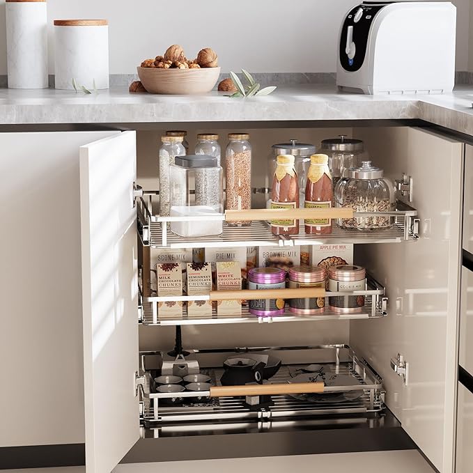 2Pack Expandable Pull Out Cabinet Organizer, Adjustable Width:17.1~28''W x 22.5''D Under Sink Organizer, Drawer Storage Shelves for Kitchen, Bathroom, Closet, Pantry, Cupboard, Pots, Pans