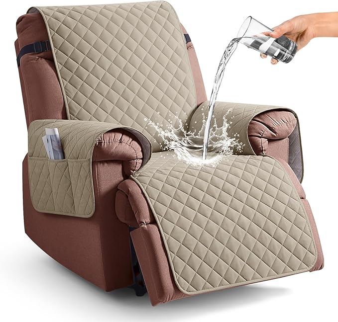 KinCam 100% Waterproof Recliner Chair Cover, Reclining Couch Covers for Pets, Dogs, Recliner Couch Slipcover Furniture Protector with Elastic Straps for Kids(23.6", Khaki)