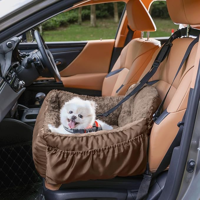 Dog Car Seat for Small Dogs,Washable Pet Booster Car Seats with Clip-On Safty Leash, Comfy Deluxe Plush Carseat with Storage Pockets, Puppy Car Travel Carrier Bed for Dogs Under 25 lbs, Brown