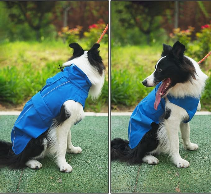 Waterproof Dog Raincoat, Adjustable Lightweight Dog Rain Jacket with Reflective Strip Leash Hole for Small Medium Large Dogs (Blue, XX-Large(55-77lb))
