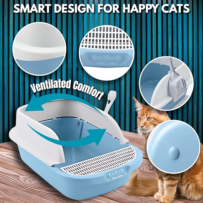 Large Open-Top Cat Litter Box with High Sides, Enclosed Scatter Shield Design, Easy Clean Plastic Litter Pan, Includes Scoop (Blue)