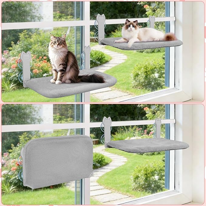 2 Pack Cat Window Perch,Cat Window Hammock Cordless Foldable Window Bed with 4 Large Strong Suction Cup,Reversible Cushion Cover,Metal Frame Easy to Adjust Window Supports 40lb(Gray,L)
