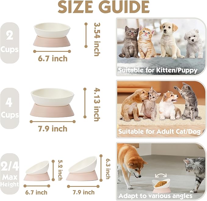 French Bulldog Food Bowl- Slanted Tilted Pug Food Water Bowl,Cat Bowl- Feeder for Frenchie/Shih Tzu/Flat Faced Small Dogs/Puppies/Cats (Lightpink, 2 Cup)
