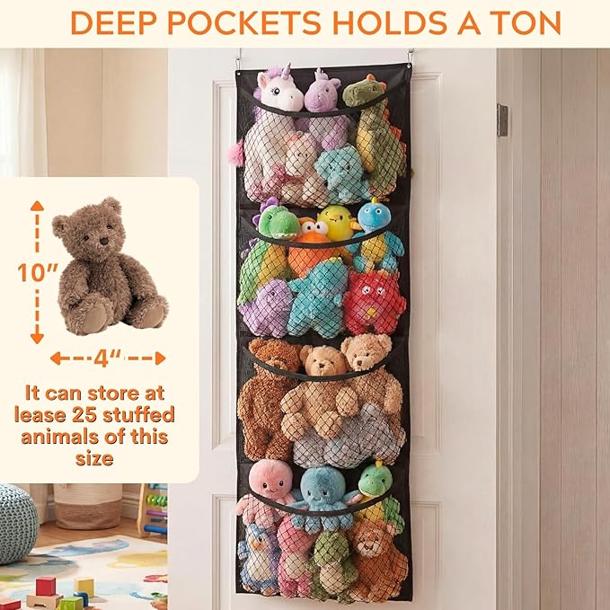 Ofiray-home Over The Door Stuffed Animal Storage, Cotton Toy Organizer for Storage Plush Toys, Stuffed Animal Holder with 4 Large Pockets, Hanging Door Organizer for Nursery, Bedroom (Black)