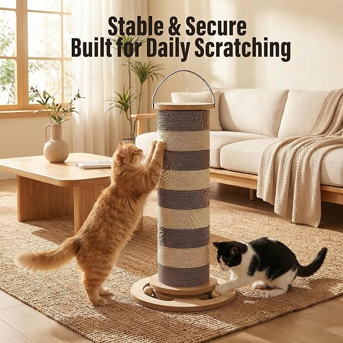 24” Cat Scratching Post, Stable Vertical Cat Scratcher for Indoor Cats, Durable Cardboard Design with Replaceable Blocks, Space-Saving Scratching Post