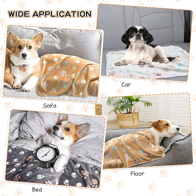Rezutan Dog Blanket for Large Dogs, Upgraded 3 Pack Dog Cat Flannel Blankets Washable, Soft Pet Mat Throw Cover Suitable for Kennel Crate Bed, Cute Paw Pattern, Grey/Brown/White, 31" x 41"