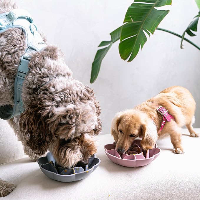 Flower Slow Feeder - Grey - Dog & Pet Mealtime Accessory, Fits Into Most 8" Bowls, Suction Base, Safe & Non-Toxic, Food-Grade Silicone