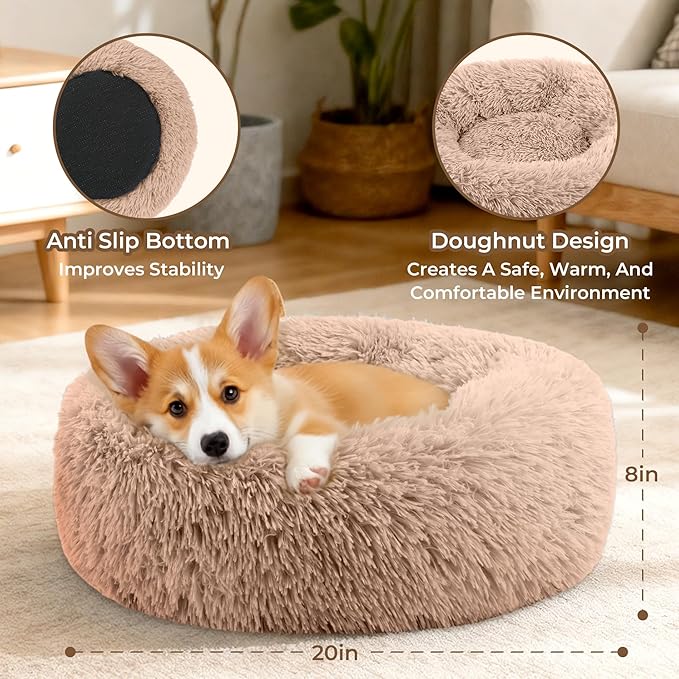 Calming Anti-Anxiety Donuts Dog And Cat Bed, Round Fluffy Soft Washable Small Medium Pet Bed For Puppy & Kitten, Cuddler Warming Comfortable Cushion, Luxury Anti-Slip Waterproof Mute Base 20in (Camel)