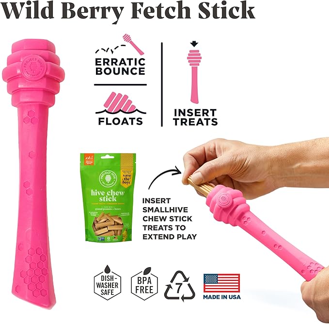 PROJECT HIVE ·PET COMPANY· - Wild Berry Scented - Hive Dog Fetch Stick for Large Breeds - Dog Stick Toy - Floats in Water - Treat Dispenser Toy - Durable and Tough - Made in The USA