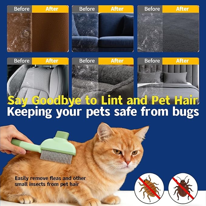 2026New 4-in-1 Pet Hair Removal Kit - Refillable Lint Roller + Self-Cleaning Deshedding Comb + Electrostatic Glove + Soft Rubber Bath Brush, Multi-Surface Hair Remover for Cats/Dogs/Clothes/Yellow