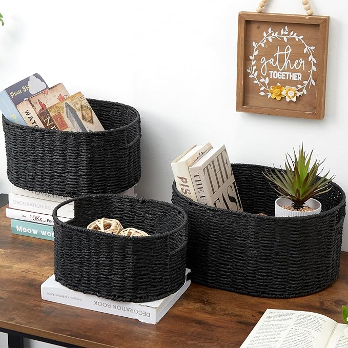 Vagusicc Wicker Basket, Set of 3 Round Storage Baskets for Organizing, Woven Paper Rope Wicker Storage Basket with Handles, Black Cube Storage Organizer Bins Baskets for Shelves & Decor, Black
