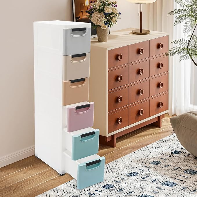 6 Drawers Plastic Storage Cabinet, Mobile Slim Utility Cart on Wheels, for Narrow Space Office Classroom Bedroom Bathroom (Multicolor)
