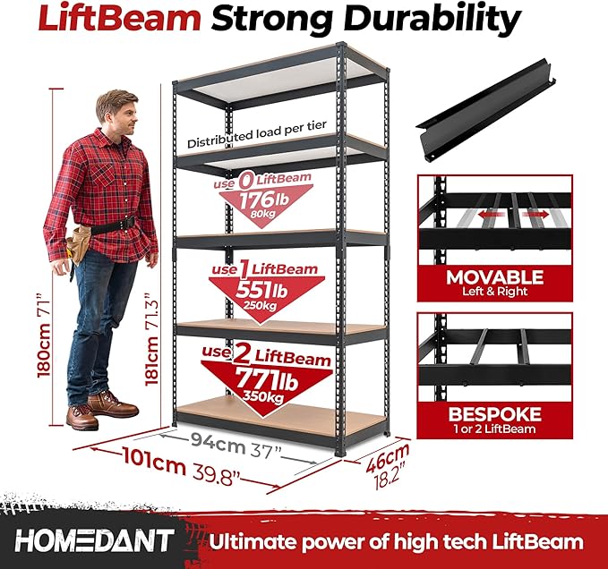 HOMEDANT 39.8" W 5 Tier Heavy Duty Garage Shelving Adjustable Metal Rack Storage Shelves Standing Shelf Unit Organizers Pantry Closet Black 1Pack