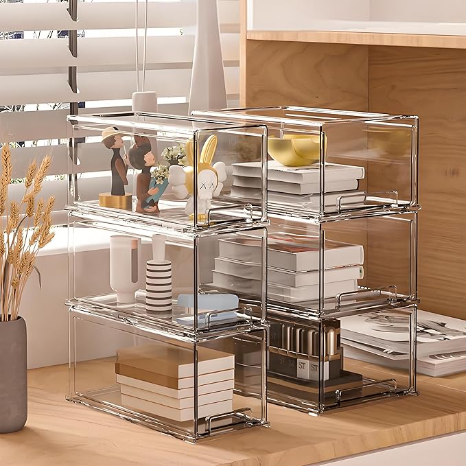 Clear Acrylic Storage Organizer Set, Multi-Purpose Cabinet Bins for Office, Kitchen, Bathroom, Stackable (4)