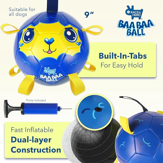 Race&Herd 9" Jolly Soccer Ball for Dogs - Tough Durable Dog Ball Toy with Straps, Pet Bouncy Herding Balls for Dogs, Floating Dog Balls with Tags for Water Fetch, BaaBaaBall (Blue)