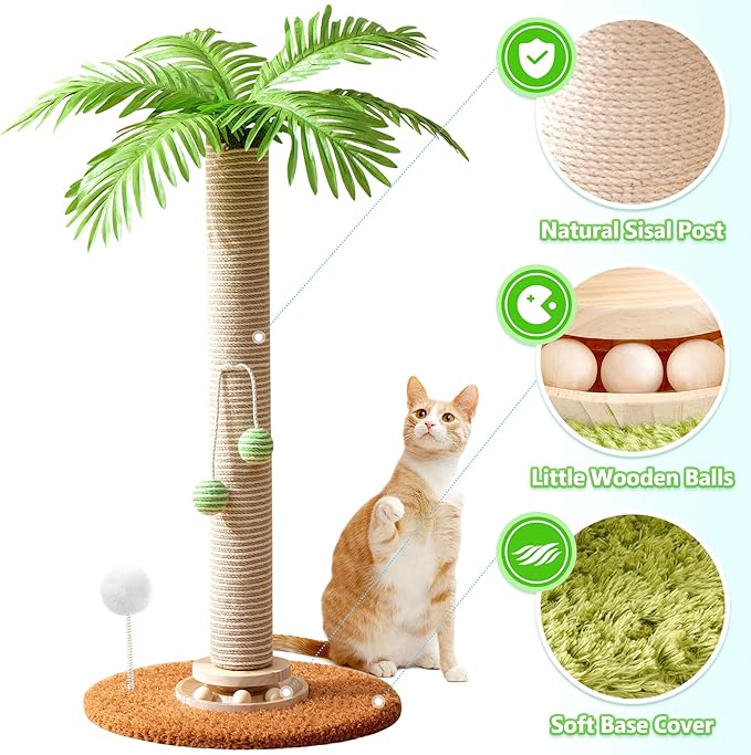Cat Scratching Post Cat Tree, 32'' Tall Cute Palm Cat Scratcher Tower with Durable Solid Wood Turntable Toy, Sisal Rope Cat Scratcher Post with Interactive Ball for Indoor Adult Cats Climb Play