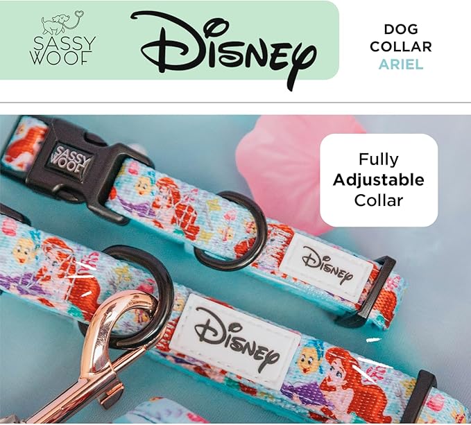 Sassy Woof Dog Collar Disney Princess Little Mermaid Ariel - S, Adjustable, Durable, Comfortable and Stylish Pet Accessories for Small Dogs - Officially Licensed