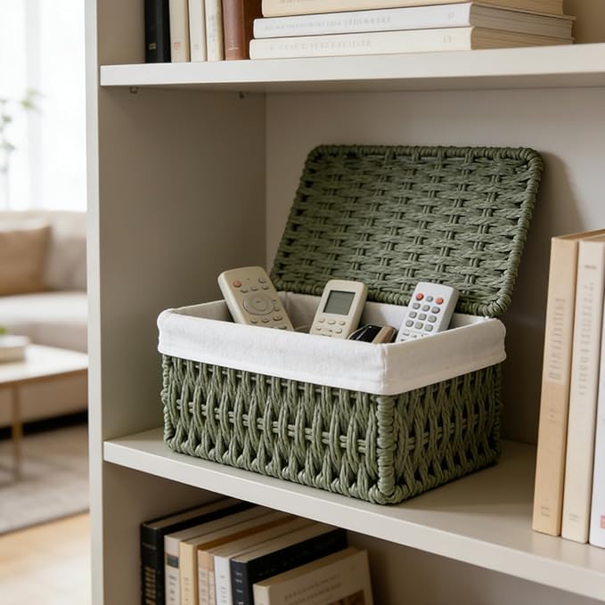 Woven Storage Baskets with Lids, Set of 3, Green Paper Rope Wicker Bins, Stackable Shelf Organizer Boxes for Bathroom Closet Nursery