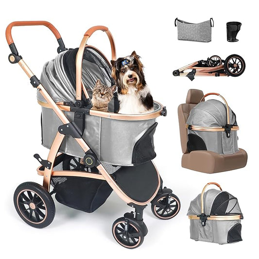 3 in 1 Pet Stroller for Small to Medium Dogs and Cats up to 55 lbs with Detachable Carrier/Car Seat, 34.44x24.21x 42.91, Foldable and Lightweight, Detachable Cushion + Cup Holder (Gray)