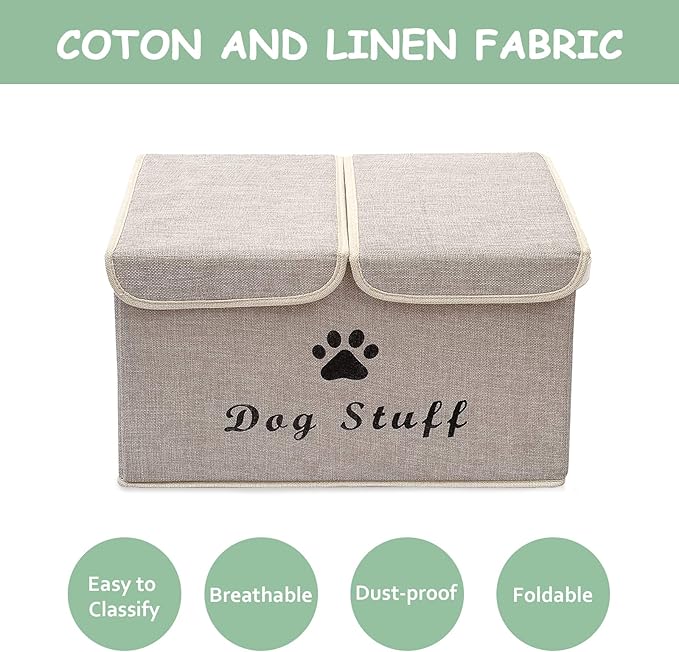 Geyecete Large Storage Boxes - Large Linen Fabric Foldable Storage Cubes Bin Box Containers with Lid and Handles for Dog Apparel & Accessories, Dog Clothing(Beige)