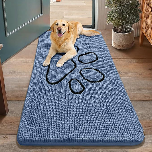 Smiry Dog Door Mat for Muddy Paws, Absorbent Dirt Trapper Non Slip Quick Dry Washable Chenille Mat for Mud Dogs, Entry Rug for Indoor and Outdoor (48x30 Inches, Airy Blue and Black)