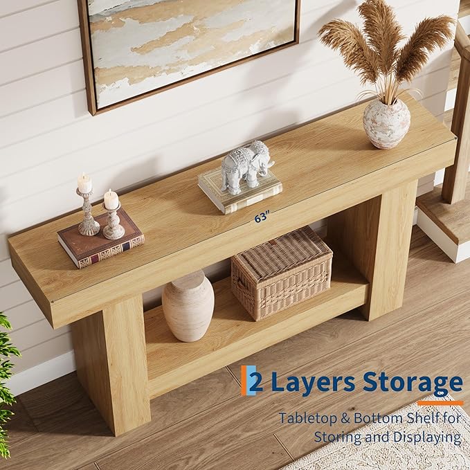 Garvee 63" Farmhouse Console Table with 2 Tiers and Storage – Large Wooden Sofa Table for Entryway, Hallway and Living Room