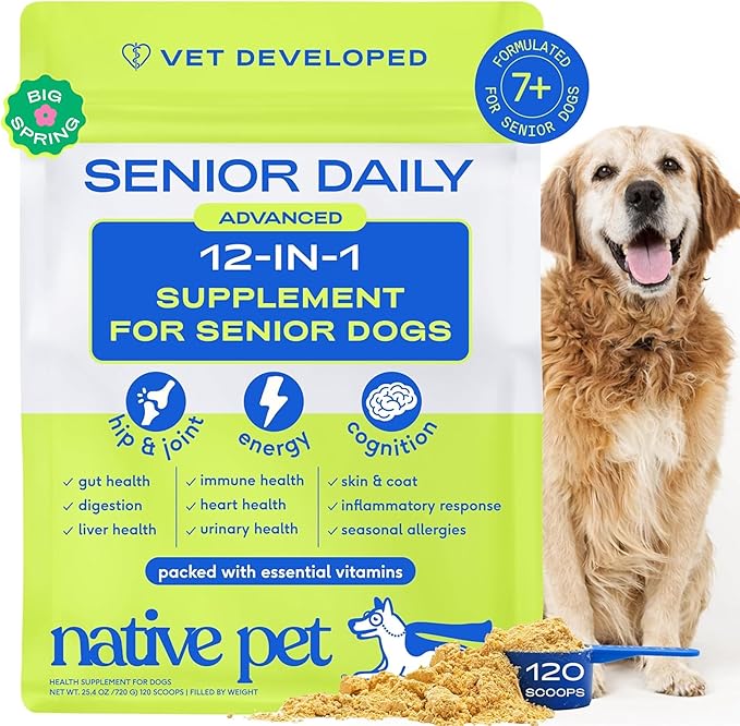 Native Pet Senior Daily Dog Vitamins & Supplements – 12-in-1 Dog Multivitamin Powder for Senior Dogs – Supports Mobility, Cognition, Digestion, Immune Health & More – 120 Scoops