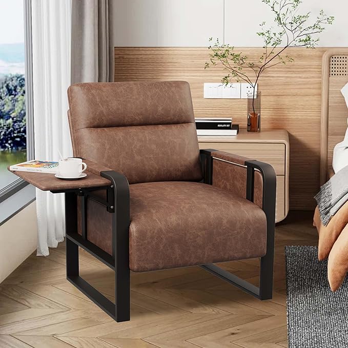 Modern Accent Chair with Tray Table PU Leather Upholstered Armchair for Bedroom Leisure Living Room Chairs Office Chair Dark Brown