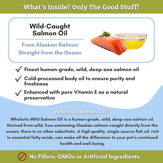 Wholistic Pet Organics Wild Alaskan Salmon Oil for Dogs and Cats - Omega 3 Fish Oil for Dogs & Cats - Cat & Dog Skin and Coat Supplement for Heart, Joints - DHA, EPA Omega 3 Liquid Food Topper - 4 oz