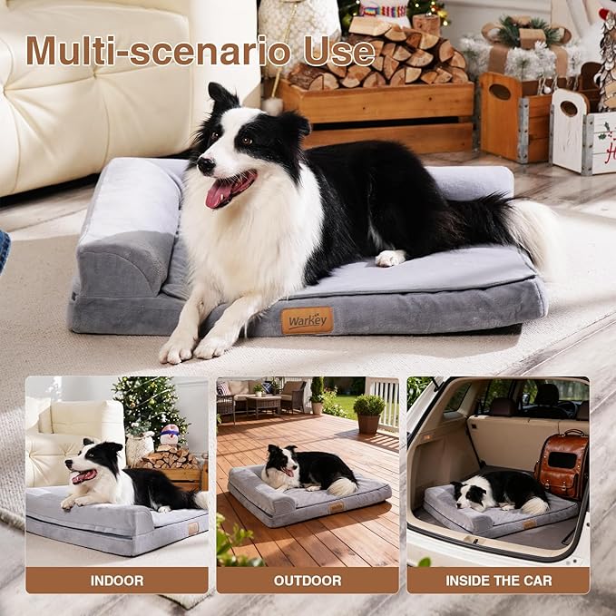 Dog lying on a gray pet bed with 'Warley' branding, shown in various settings.