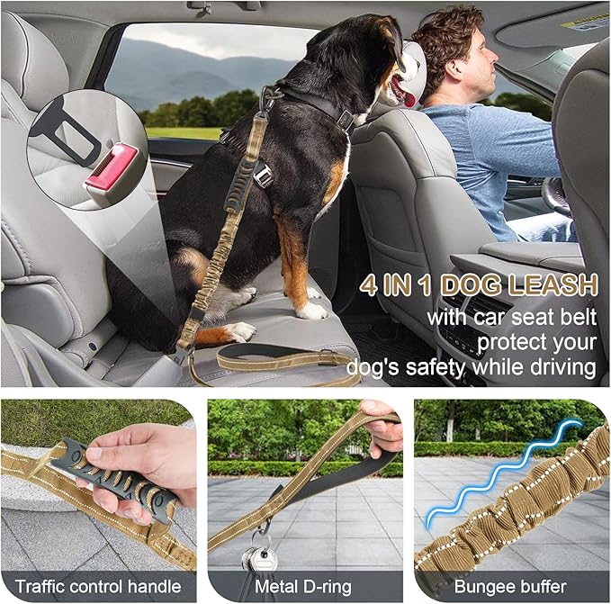 Tactical Dog Leash Heavy Duty, 4-6FT Shock Absorbing Bungee Dog Leash, Reflective Military Strong No Pull Lead with 2 Padded Handle and Car Seatbelt for Medium Large Dogs, Khaki
