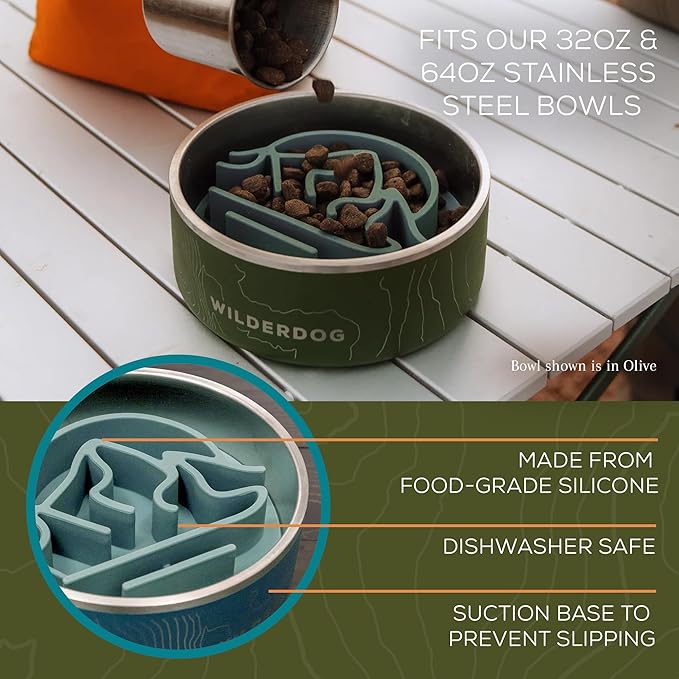 Wilderdog Slow Feeder & Stainless Steel Dog Bowl Set – Black 64 oz BPA-Free Kitchen-Grade Steel with Non-Slip Base – Feeder Promotes Healthy Digestion – Fits 7"+ Bowls – Dishwasher Safe