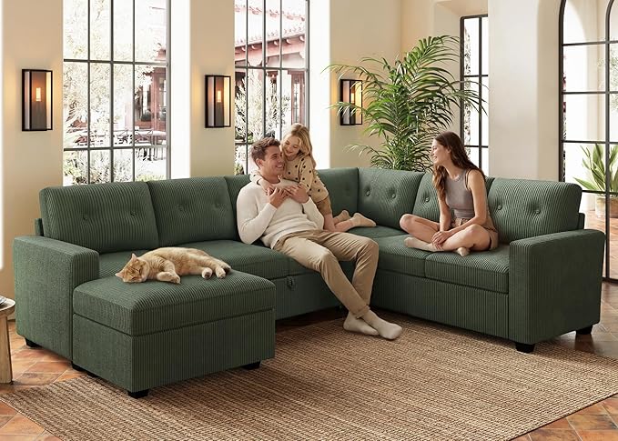HONBAY 106.2 Inch U-Shaped Sectional Sleeper Sofa with Pull-Out Bed & Storage Ottoman, 7-Seater Sectional Sofa for Living Room, Pet-Resistant Corduroy Couch, Green