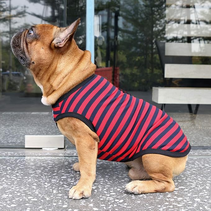 iChoue French Bulldog 100% Breathable Cotton Striped T Shirts Halloween Vest Clothes for Medium Dogs Tank Tops Frenchie Pug English Boston Terrier Pitbull Red Blue Stripes - Large