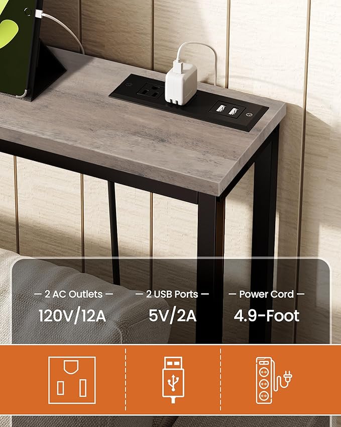 70.9" Narrow Console Table with Power Outlet 7.1" Skinny Sofa Table, Long Behind Couch with Charging Station for Hallway, Living Room Greige and Black TXG18UBG