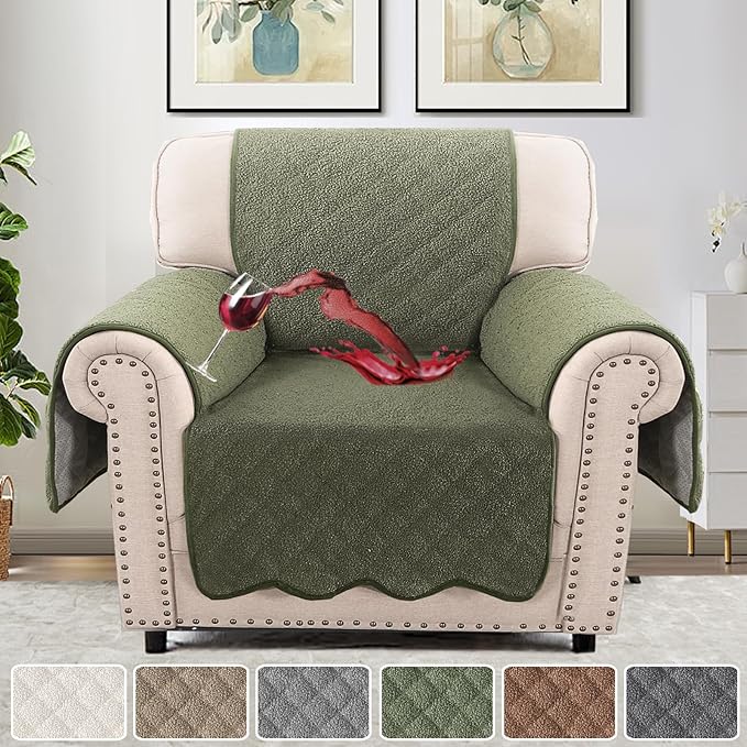 H.VERSAILTEX Waterproof Quilted Couch Covers Non Slip Sofa Covers Protector Slipcovers for Dogs, Single Sofa Armchair for Pet Furniture Protector Modern Fleece Fabric (Chair,Tea Tree)
