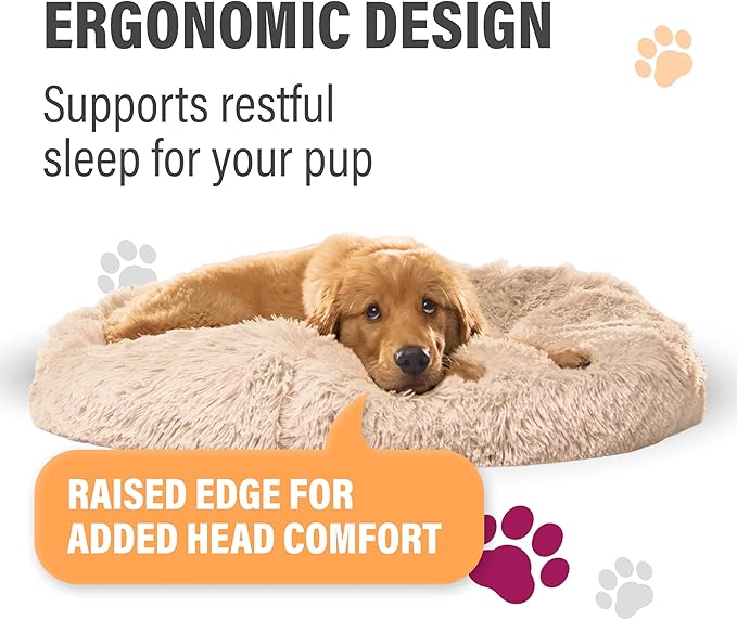 Active Pets Premium Medium Donut Dog Bed, Fits Up to 45 lbs, Removable Cover & Washable Cushion, Plush Long Pile Faux Fur Fabric, Portable Beige Pet Bed Furniture for Puppies Adult Canines & Cats