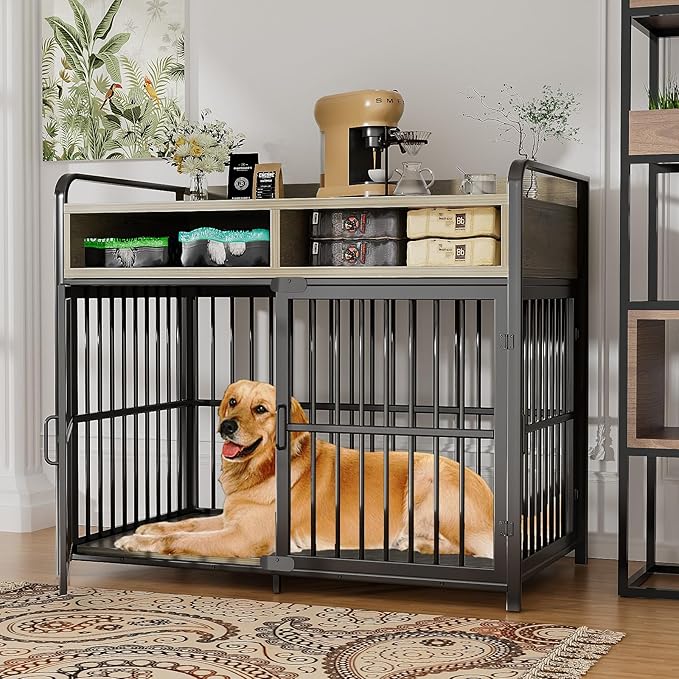 Large Dog Crate Furniture with Drawers Storage, Puppy Dog Kennel Indoor with Double Doors, Heavy Duty Wooden Dog Cage Table, Sturdy Metal, Gray