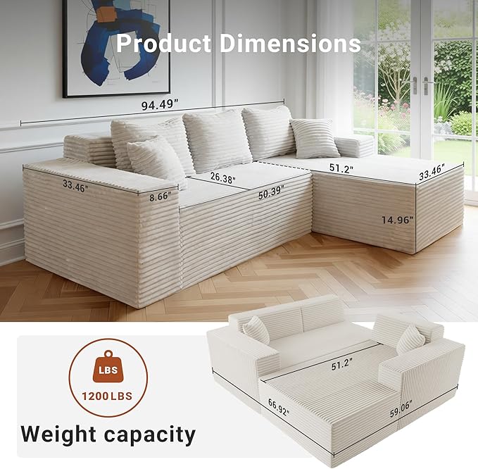 Claiks Boneless Couch, Cloud Couch Sectional, L-Shape Corduroy Modular Sectional Sofa Deep Seat, Upholstered Couches for Living Room, No Assembly Required, Beige, Right Facing Chaise