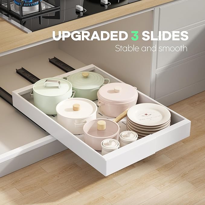 4 Pack Pull out Cabinet Organizer 21" Deep With Raising Pad for Framed Cabinets, Expandable (9"-14" W) Slide out Drawers for Kitchen Cabinets with 4pcs Divider Racks, Roll out Shelves, White