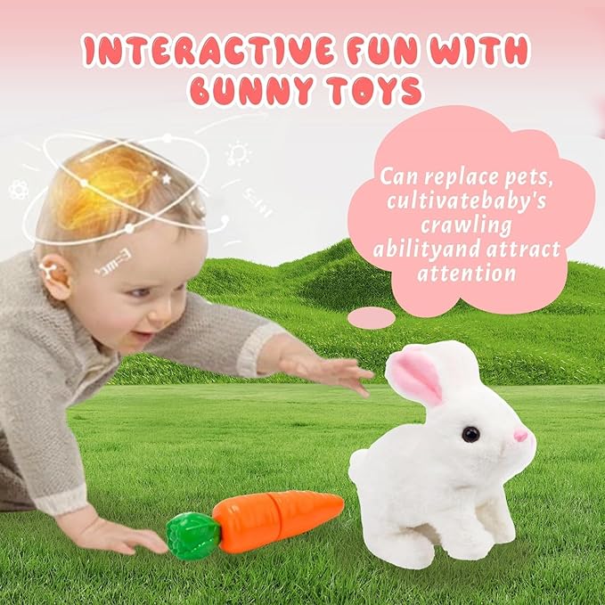 Easter Bunny Toy, Rabbit Interactive Hopping Electronic Pet Plush Bunny Toy with Sounds and Movements Animated Walking Wiggle Ears Twitch Nose (White)