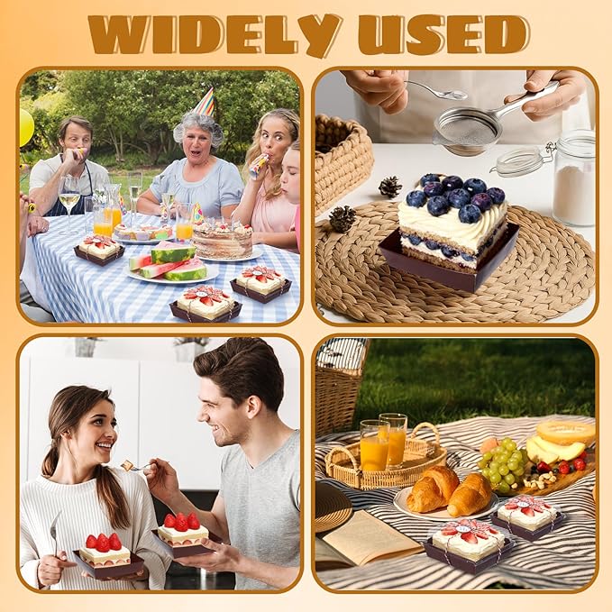 Outus 100 Pack Charcuterie Boxes with Clear Lids, 5.7 x 5.1 '', Mother 's Day Back to School Paper Food Containers Cake Take out Bakery Boxes with Gift Tags Rope for Desserts(Coffee Brown,Classic)