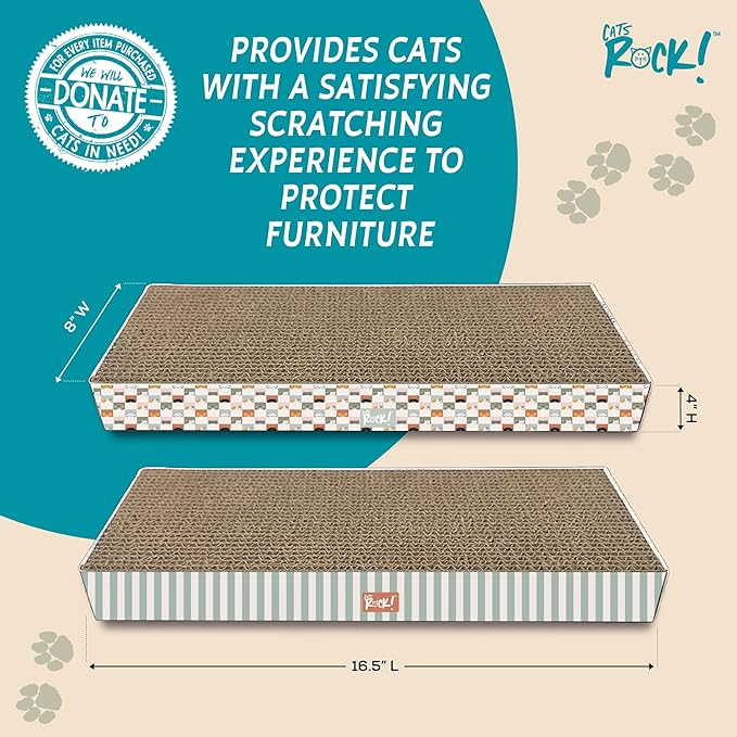 Cats Rock Scratching Board for Indoor Cats, Corrugated Cardboard Cat Scratcher with Catnip, Double-Sided Scratch Pad, Rectangle Scratcher Stripes and Icons Design (Pack of 2)